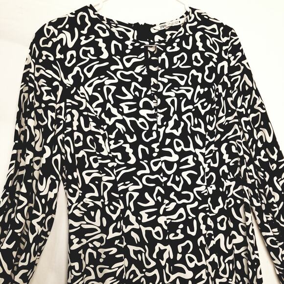 Zara Career Viscose Dress Black & White Maxi Length Balloon Sleeves SZ L - Picture 3 of 10